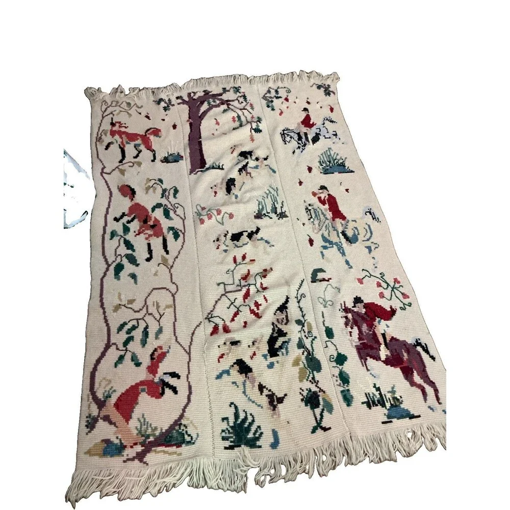 Vintage Hand Embroidered English Fox Hunt Blanket Throw 54x80 Hunting Scene